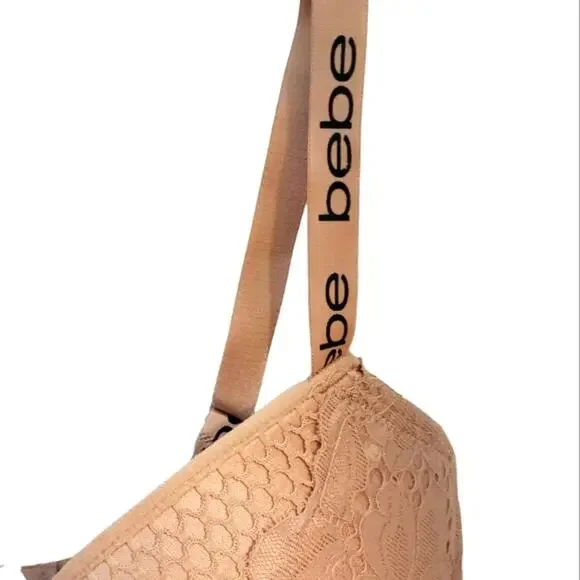 bebe Bustier 38C Lace Fringe Bra CHAMPAGNE DUSK Lace Trim Edge w Sporty Straps - Picture 5 of 13